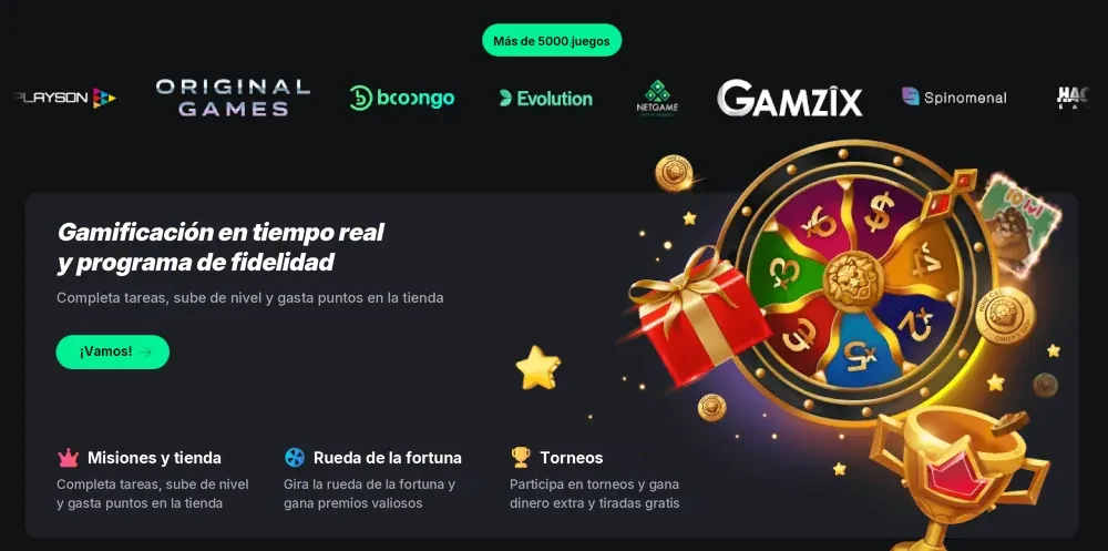 Suite de fidelización Bet On Red con rueda de la fortuna interactiva y misiones de recompensas.