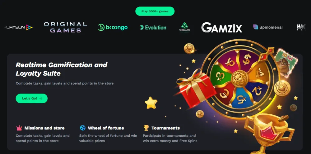 Suite de fidelización Bet On Red con rueda de la fortuna interactiva y misiones de recompensas.